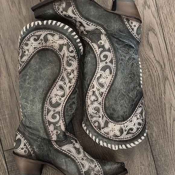 Corral Womens Black/Gray Boots Size 9 Dusky Floral Overlay Crystals & Studs - Picture 17 of 17